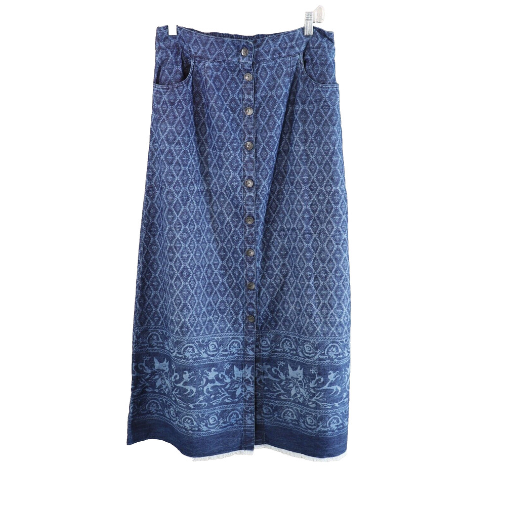 Soft Surroundings Skirt Women Small Midi Argyle Floral Print Fringe Edge Button